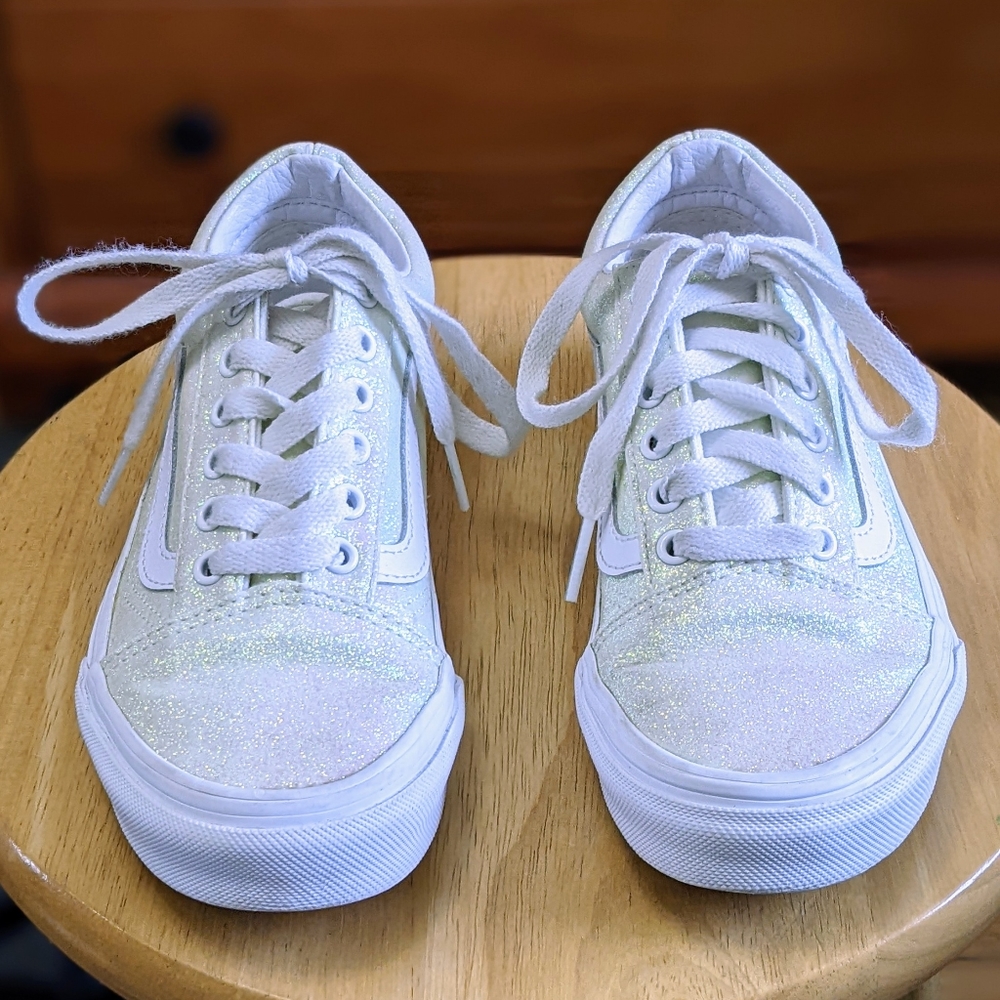 Vans Old Skool Glitter Skate Shoe White Girls Size 1.5